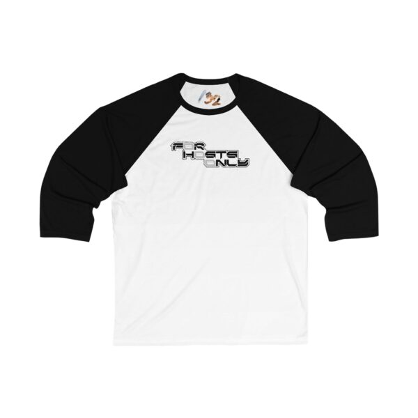 Front view of the white/black Dev’ed Up: F0r H0sts 0nly 3/4 Sleeve Baseball Tee. Features the signature “F0r H0sts 0nly” message for quiet operators.