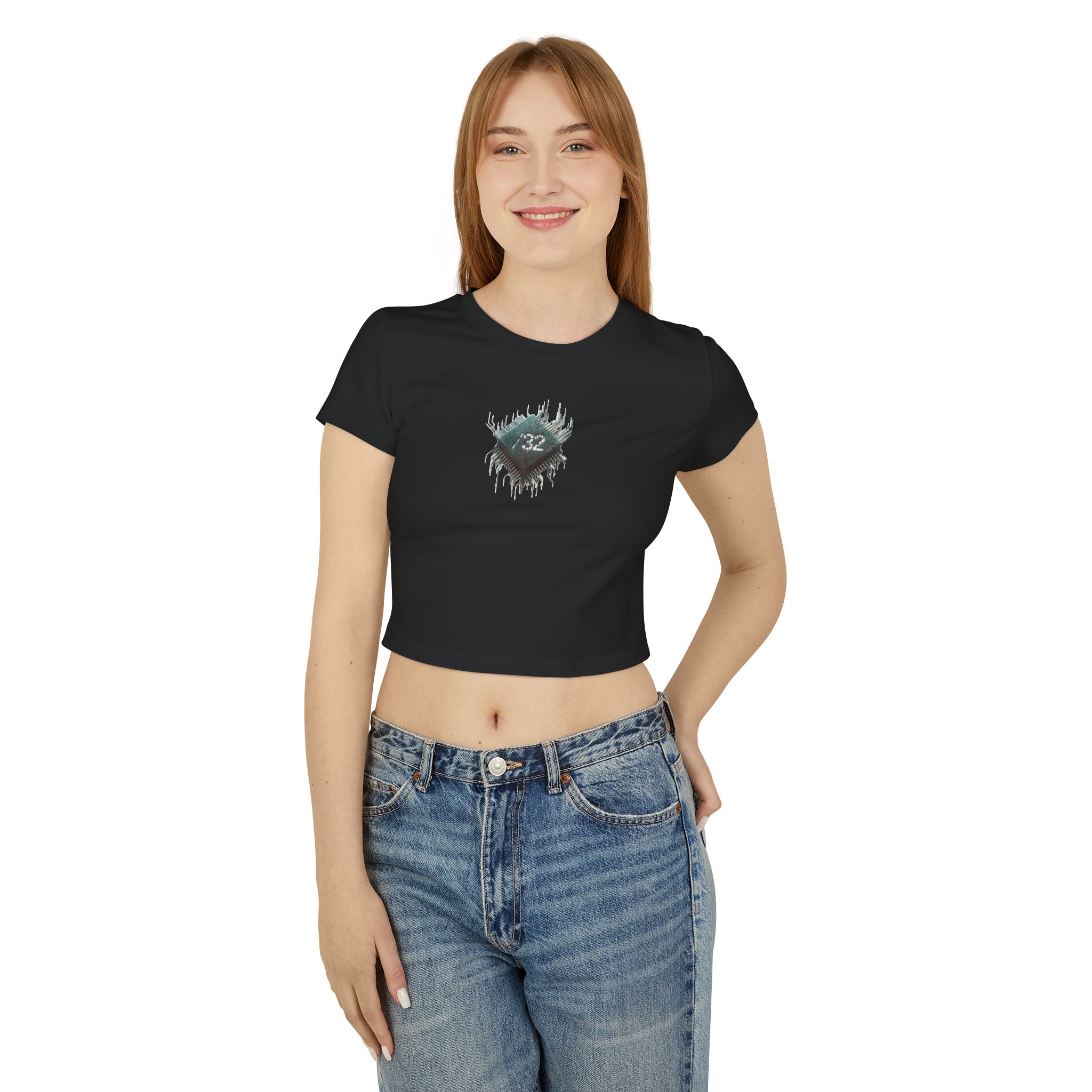 Front view of female model wearing the black ‘We The People’ ladies baby tee from Slash-32’s Preamble Collection, featuring a microchip symbol graphic representing digital unity.