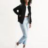 Side view of female model wearing Slash-32’s women’s ‘We Will Fight’ Black Label Jacket, a durable and comfortable bomber inspired by Infrawear, designed for streetwear and cybersecurity enthusiasts.