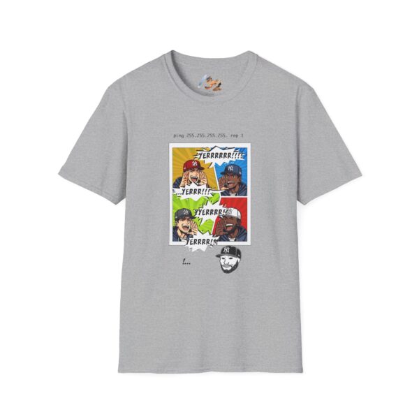 Front view of the grey NY Broadcast TTL Drop Shirt by Slash-32 with bold graphic print.