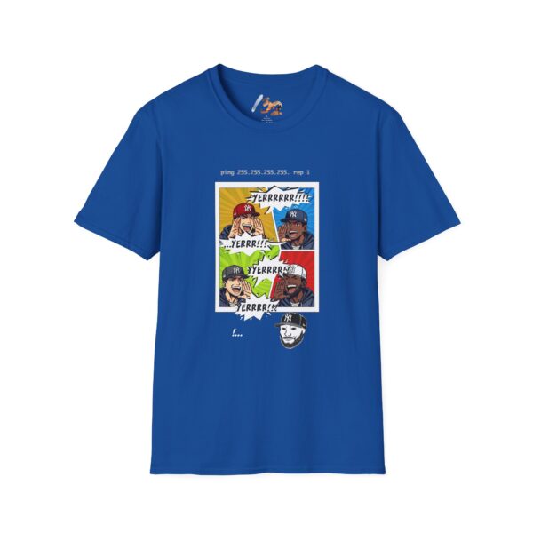 Front view of the blue NY Broadcast TTL Drop Shirt by Slash-32 with bold graphic print.