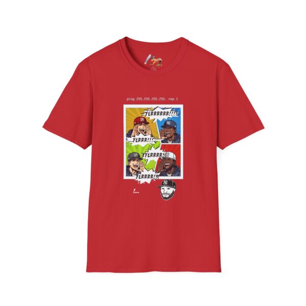 Front view of the red NY Broadcast TTL Drop Shirt by Slash-32 with bold graphic print.