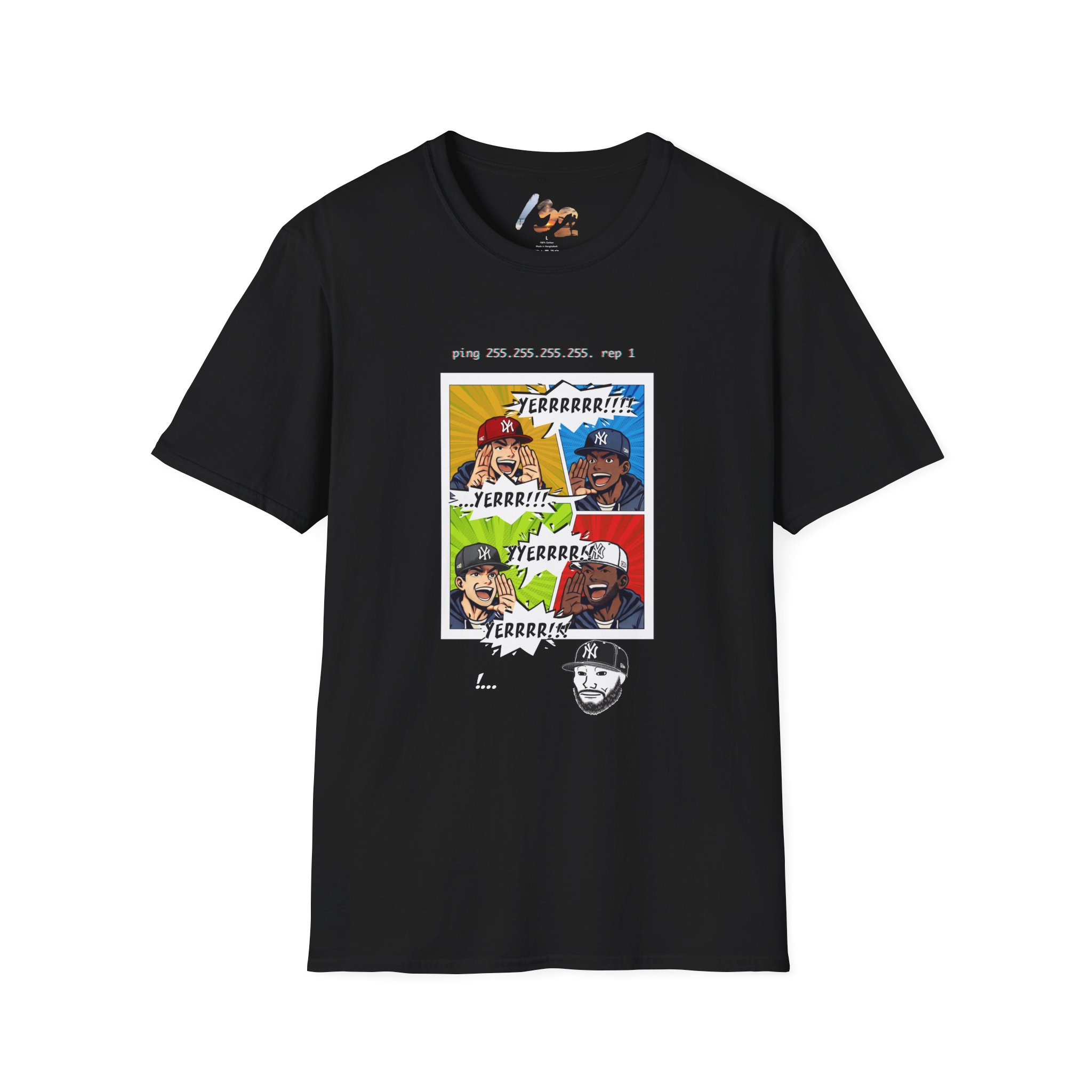 Front view of the black NY Broadcast TTL Drop Shirt by Slash-32 with bold graphic print.