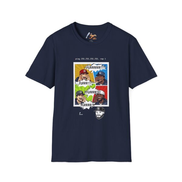 Front view of the navy blue NY Broadcast TTL Drop Shirt by Slash-32 with bold graphic print.