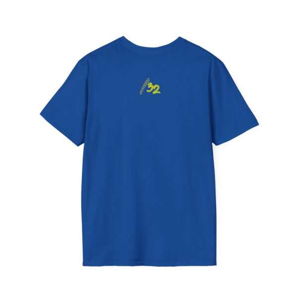 Back view of the blue NY Broadcast TTL Drop Shirt by Slash-32, featuring “/32” on the back. A clean signal for digital natives who broadcast with precision and mask nothing.