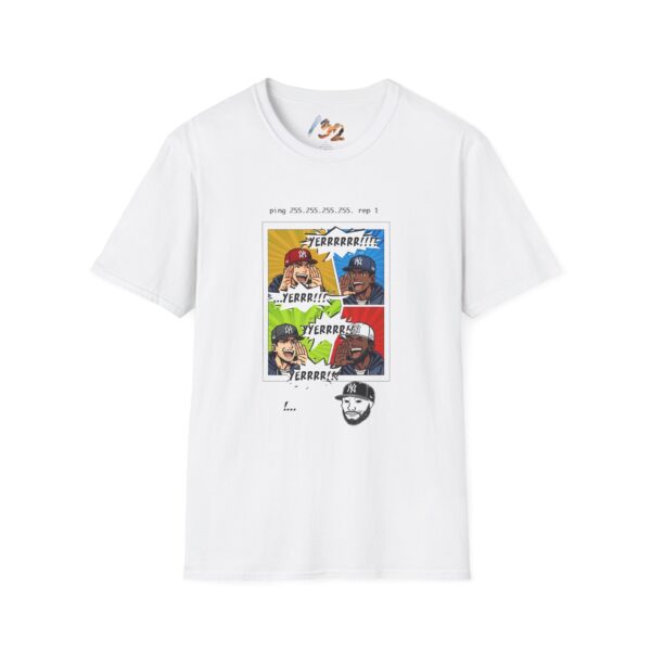 Front view of the white NY Broadcast TTL Drop Shirt by Slash-32 with bold graphic print.