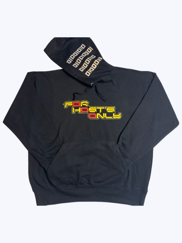Image of the black FH0 – Knøwn H0st’s Binary Hoodie by Slash-32, featuring “For Knøwn Høsts Only” text in red and yellow on the front and custom binary signature printed along the hood.