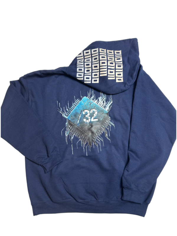 Image of FH0 – Kn0wn H0st’s Binary Hoodie by Slash-32 in Navy Blue, featuring /32 microchip graphic on back and custom binary signature on the hood.
