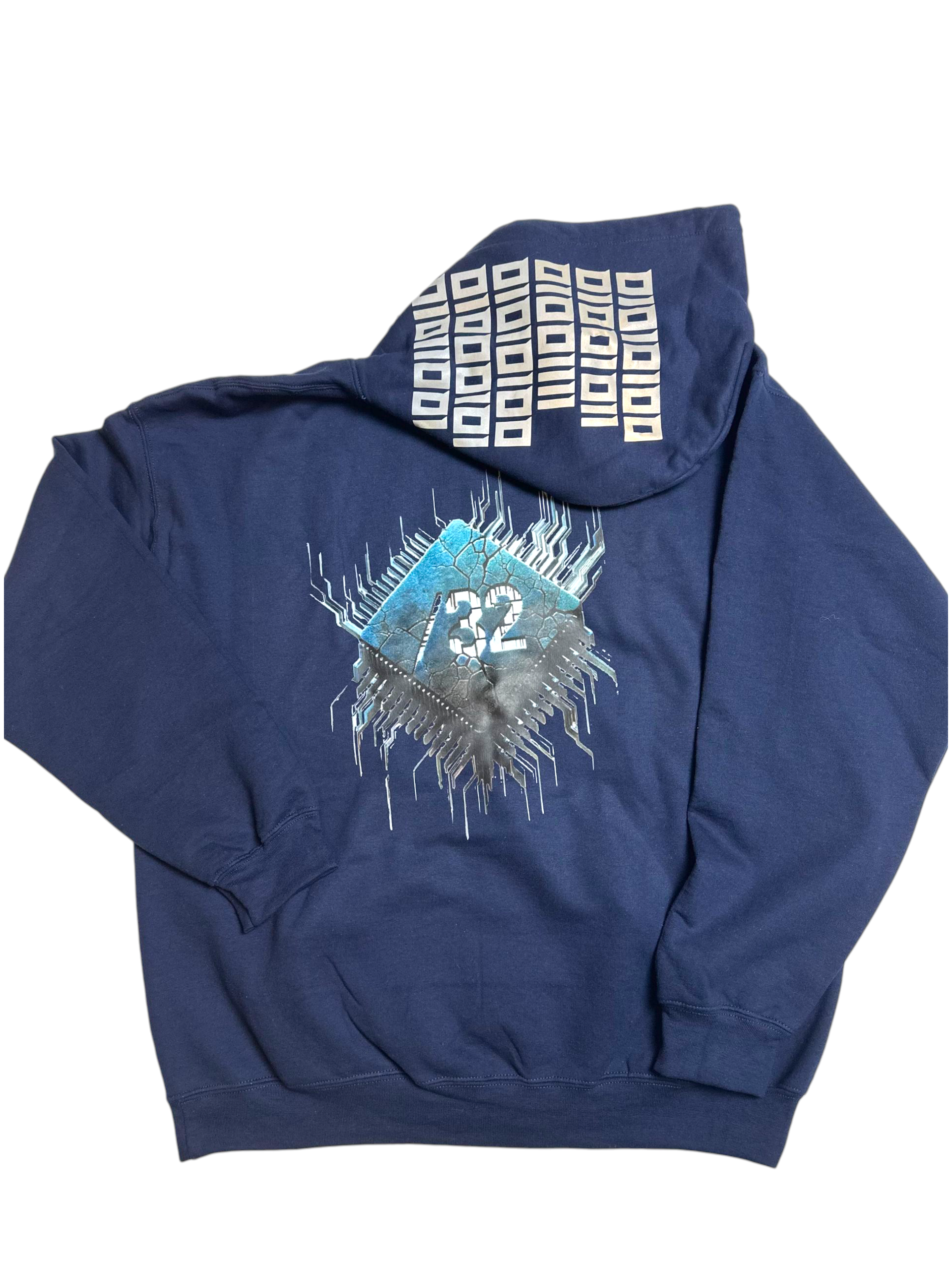 Image of FH0 – Kn0wn H0st’s Binary Hoodie by Slash-32 in Navy Blue, featuring /32 microchip graphic on back and custom binary signature on the hood.