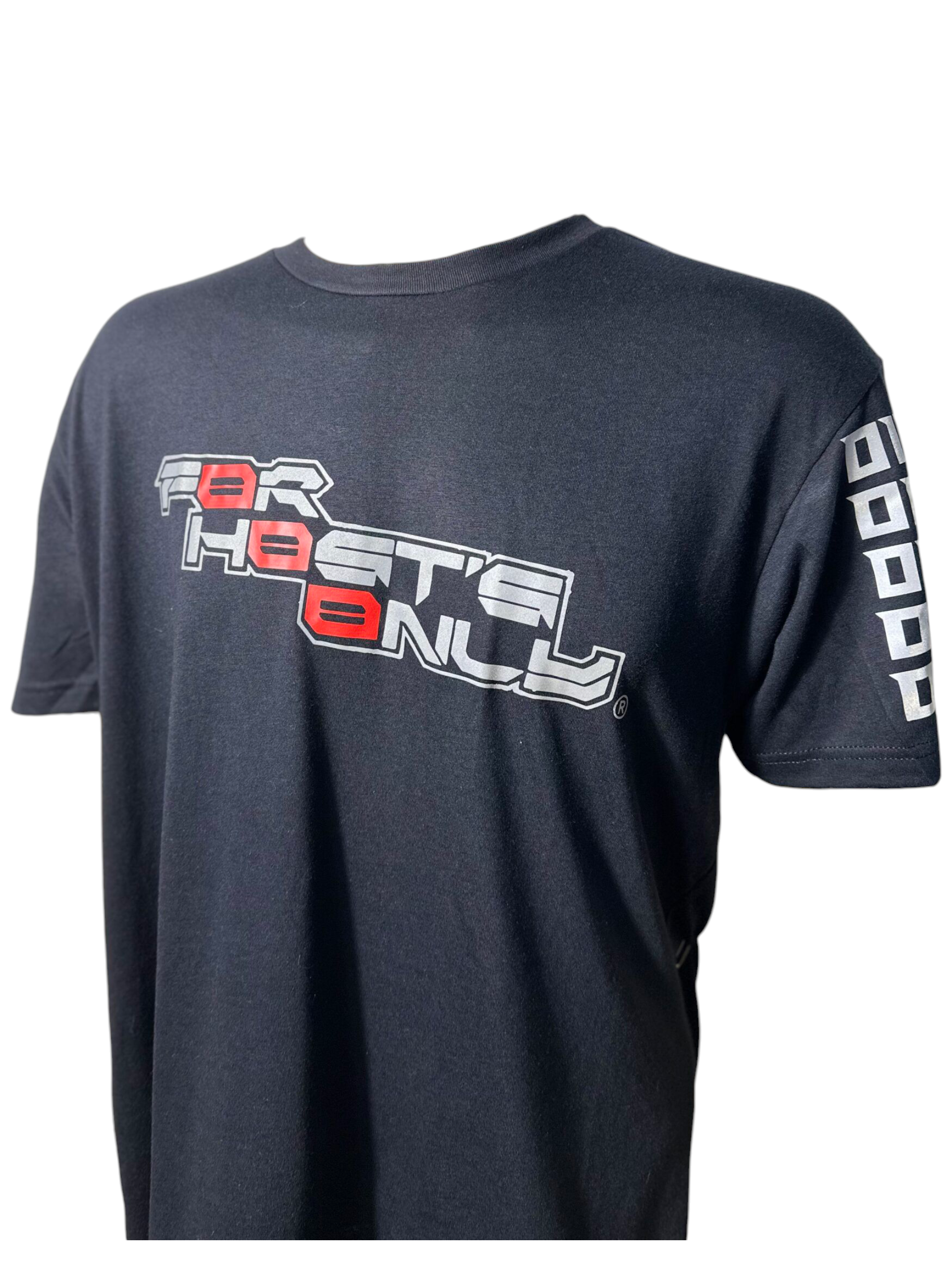 Image of FH0 – Kn0wn H0st’s Binary Tee by Slash-32 in Navy, front view on mannequin with “For Hosts Only” text on chest and custom binary matrix on left sleeve