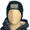 Image of the black “We Will Resist” rolled beanie by Slash-32 on a mannequin wearing a hoodie, featuring a grey rectangle patch with binary matrix and “We Will Resist” text.