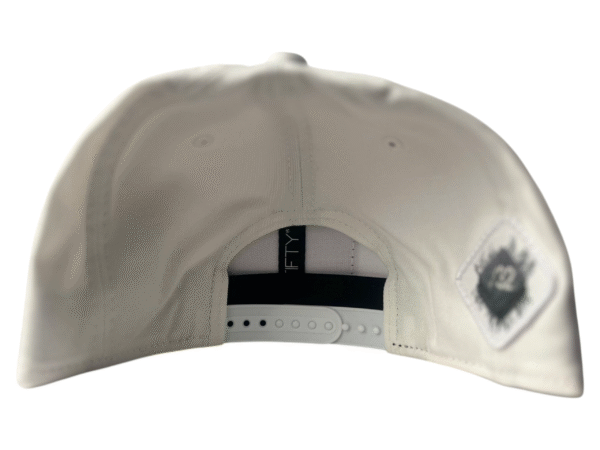 Back view image of Slash-32 9/50 Snapback hat, White with white diamond-shaped patch embroidered with the /32 microchip logo.
