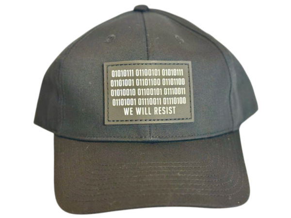 Image of Slash-32 Ladies Snug Black "We Will Resist" Snapback Cap, front view displaying binary code and “We Will Resist” text.