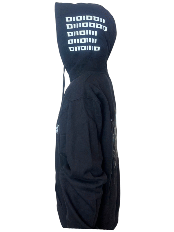 Image of the black FH0 – Knøwn H0st’s Binary Hoodie by Slash-32, side view showing the custom binary signature printed along the hood.