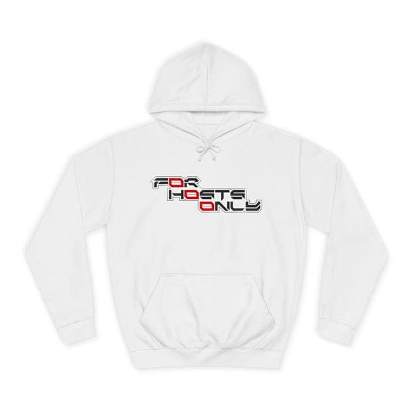 Front view of the Arctic White Slash-32 college hoodie, featuring the bold stacked text “FØr HØsts Ønly” on the chest. Unisex techwear style.