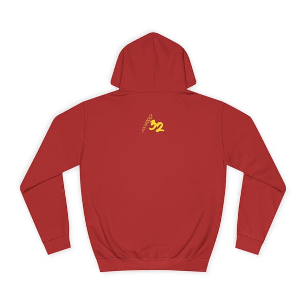 Flat back view of the Fire Red “For Hosts Only” college hoodie, with “/32” printed at the upper back.