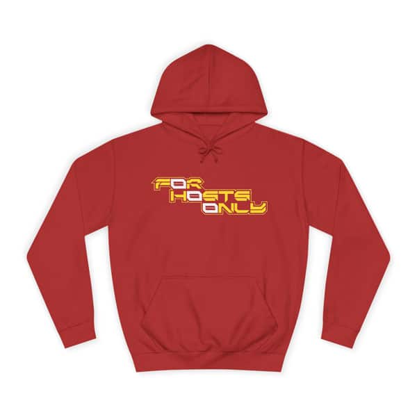 Front view of the Fire Red Slash-32 college hoodie, featuring the bold stacked text “FØr HØsts Ønly” on the chest. Unisex techwear style.