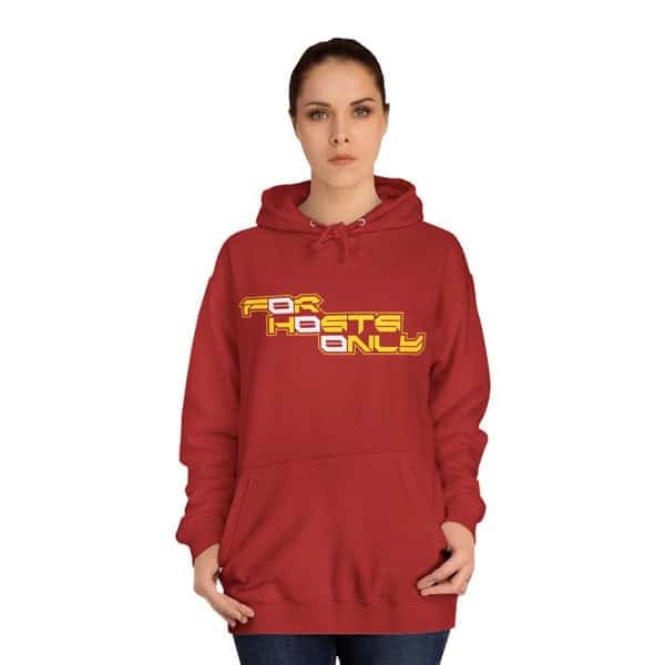 Front view of a model wearing the Fire Red Slash-32 college hoodie with the bold stacked text “FØr HØsts Ønly” printed on the front. Unisex heavyweight design.