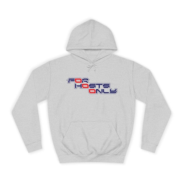 Flat front view of the Heather Grey Slash-32 college hoodie, featuring the bold stacked text “FØr HØsts Ønly” on the chest. Unisex techwear style.