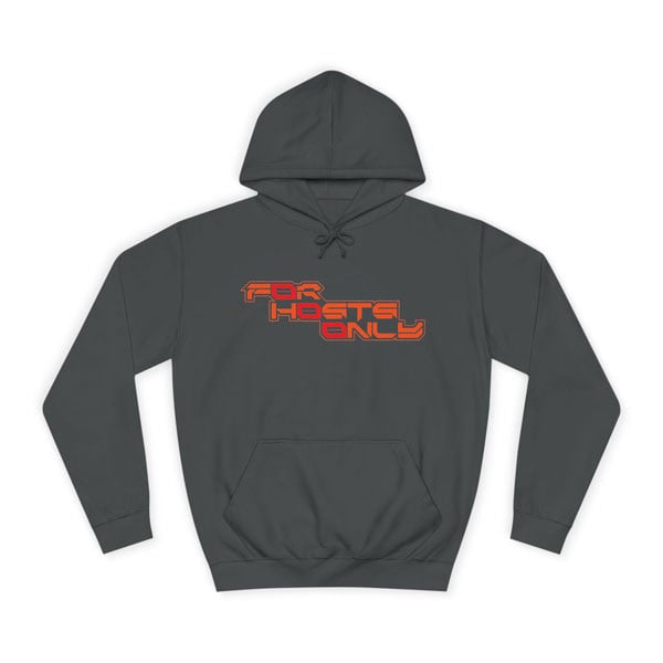 Front view of the Steel Grey Slash-32 college hoodie, featuring the bold stacked text “FØr HØsts Ønly” on the chest. Unisex techwear style.