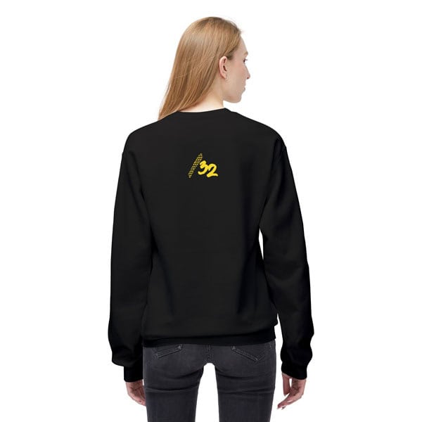 Back view of a female model wearing the black “For Hosts Only” midweight fleece crewneck sweatshirt. Features a “/32” mark centered on the upper back. Unisex techwear design.