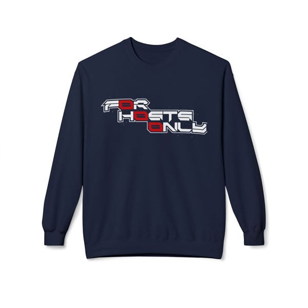 Front view of the navy Slash-32 “FØr HØsts Ønly” midweight fleece crewneck sweatshirt, showing the bold stacked slogan “FØr HØsts Ønly.” Unisex techwear style.