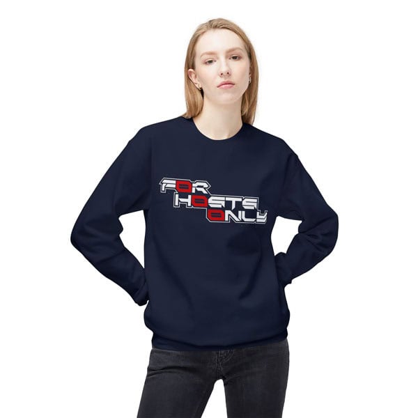 Front view of a female model wearing the navy Slash-32 “FØr HØsts Ønly” midweight fleece crewneck sweatshirt, featuring a bold stacked slogan reading “FØr HØsts Ønly.” Unisex techwear design.