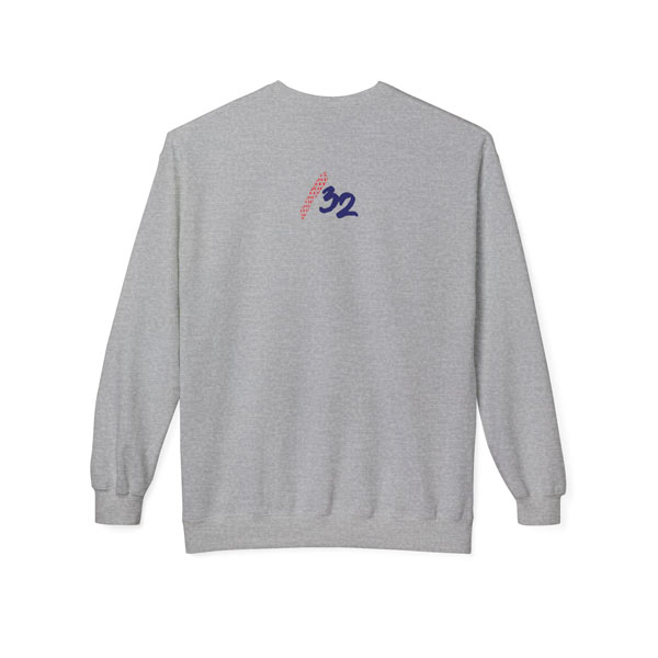 Back view of the sports grey fleece crewneck sweatshirt, displaying the “/32” mark centered at the upper back. Unisex techwear style.