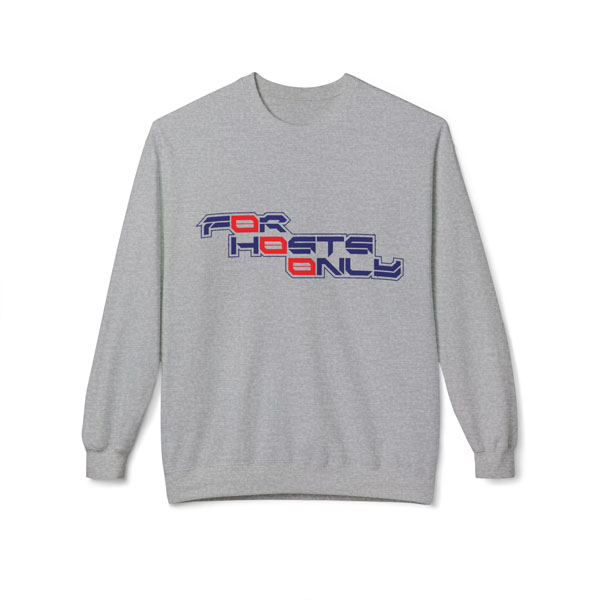 Front view of the sports grey Slash-32 “FØr HØsts Ønly” midweight fleece crewneck sweatshirt, showing the bold stacked slogan “FØr HØsts Ønly.” Unisex techwear style.