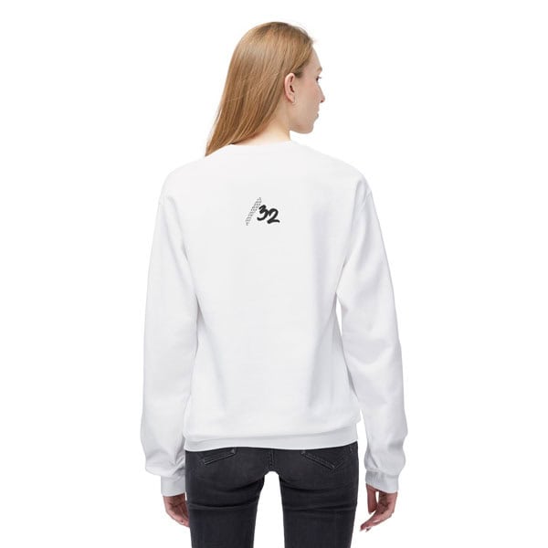 Back view of a female model wearing the white fleece crewneck sweatshirt, featuring the “/32” mark centered at the upper back. Unisex techwear design.