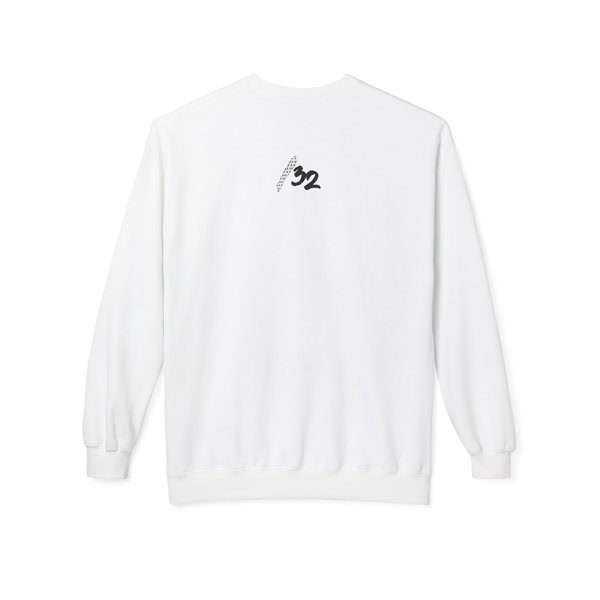 Back view of the white fleece crewneck sweatshirt, displaying the “/32” mark centered at the upper back. Unisex techwear style.