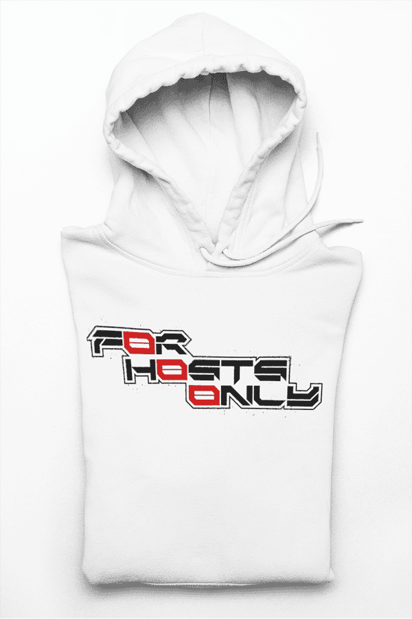 Folded front view of the white Slash-32 midweight fleece crewneck sweatshirt, featuring the bold stacked slogan reading “FØr HØsts Ønly.” Unisex techwear style.