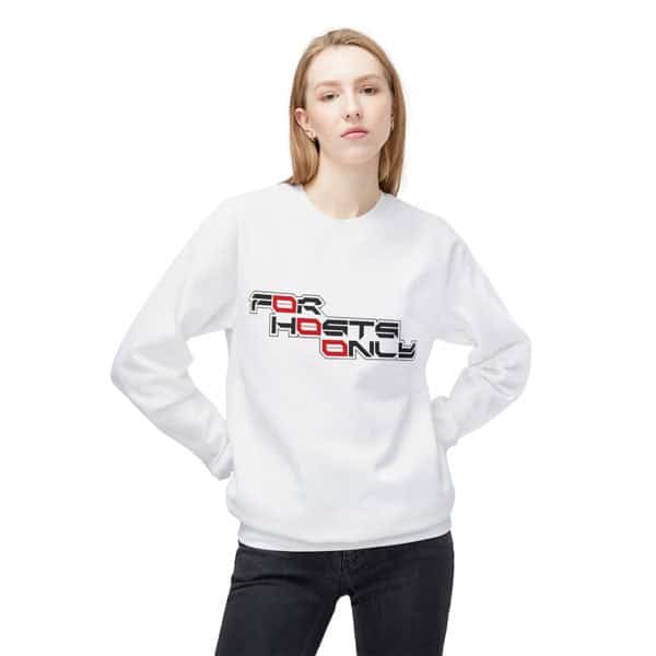 Front view of a female model wearing the white Slash-32 “FØr HØsts Ønly” midweight fleece crewneck sweatshirt, featuring a bold stacked slogan reading “FØr HØsts Ønly.” Unisex techwear design.