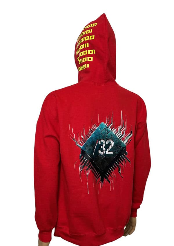 Image of the red FHØ – Known Host’s Binary Hoodie by Slash-32, rear angled view showing the custom binary signature on the hood and the graphic print of the /32 microchip logo on the back.