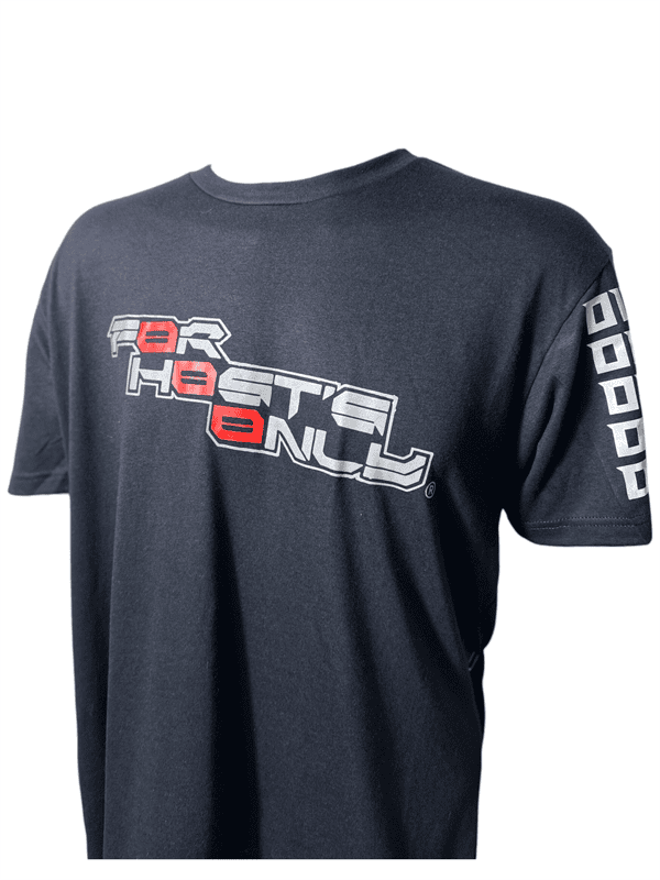 Front view of the navy Known Host Tee by Slash 32, featuring “For Hosts Only” text on the front and a custom binary signature design on the sleeve.