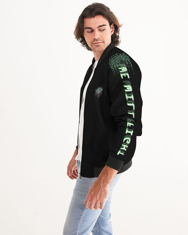 Side view of a male model wearing a black bomber jacket with “We Will Fight” text and binary code on the sleeve.
