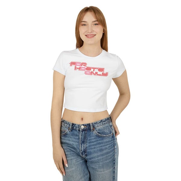 Front view of a female model wearing a white “For Hosts Only” women’s crop tee with one hand in her back pocket, featuring the bold text “For Hosts Only” on the front.